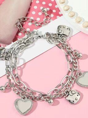 Hello Kitty Silver Layered Hearts Charm Bracelet – Elegant & Adjustable